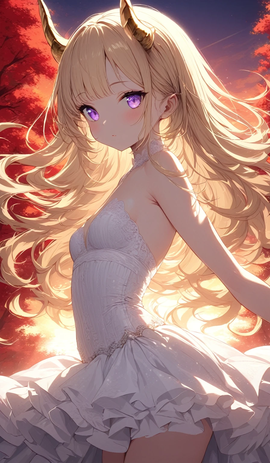 Masterpiece, very detailed, ultra detailed, alone, (1 girl), she is in a white lace and detailed dress, and in an elegant position, she is tall, childish style, long golden hair and bangs on the sides, golden demonic horns, beautiful, charming, purple eyes, elegant, small breasts, kind face, charming, she stands against the background of red trees and the big sun.