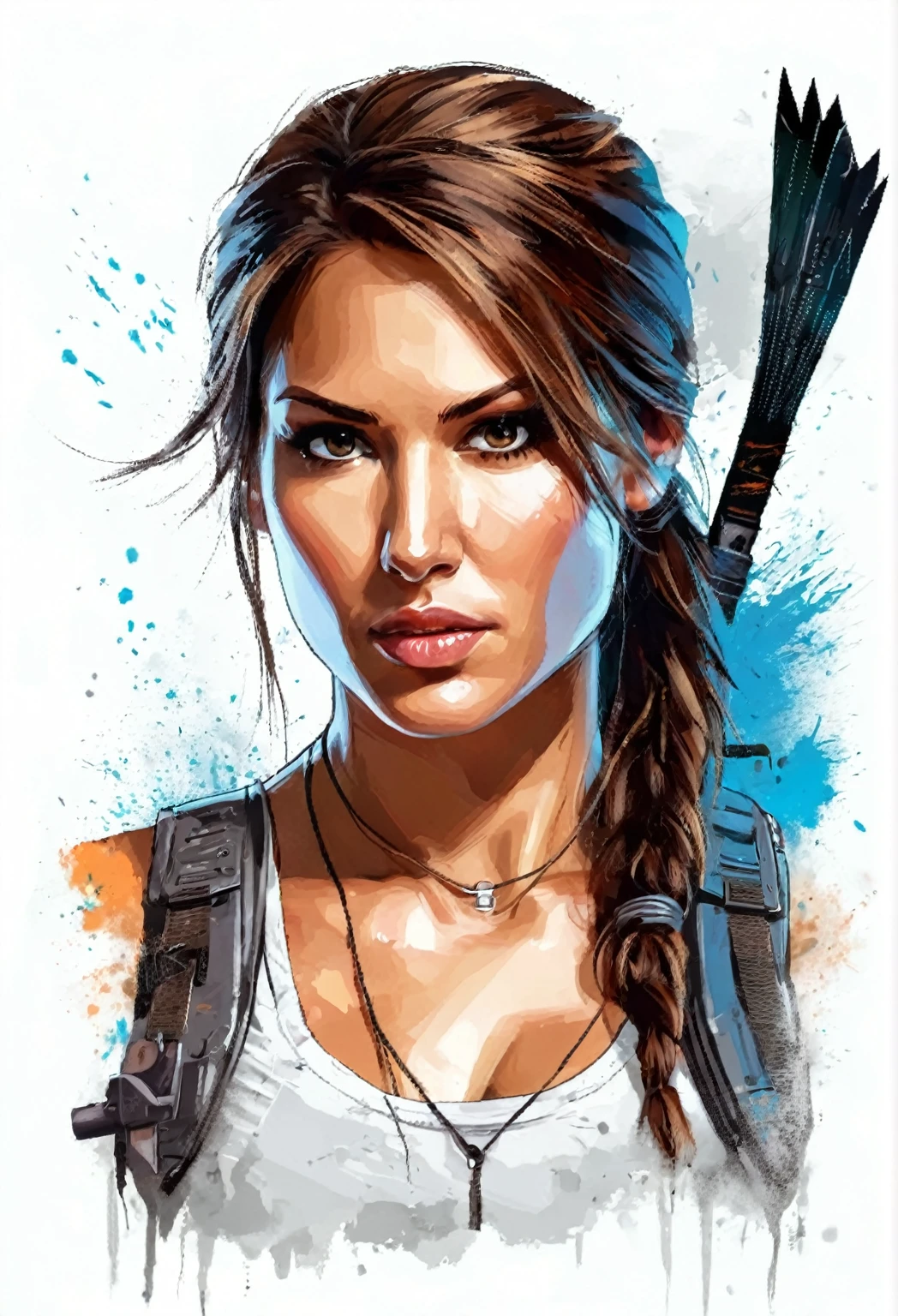 a close-up of a woman holding a gun in front of a colored background, portrait of Lara Croft, Tomb Raider beautiful, Lara Croft, muscular sweat Lara Croft, Tomb Raider, video game digital art, high definition art, 8k art, Tomb Raider setting, Tomb Raider (2018), epic digital art illustration, Lara Croft as spiderwoman