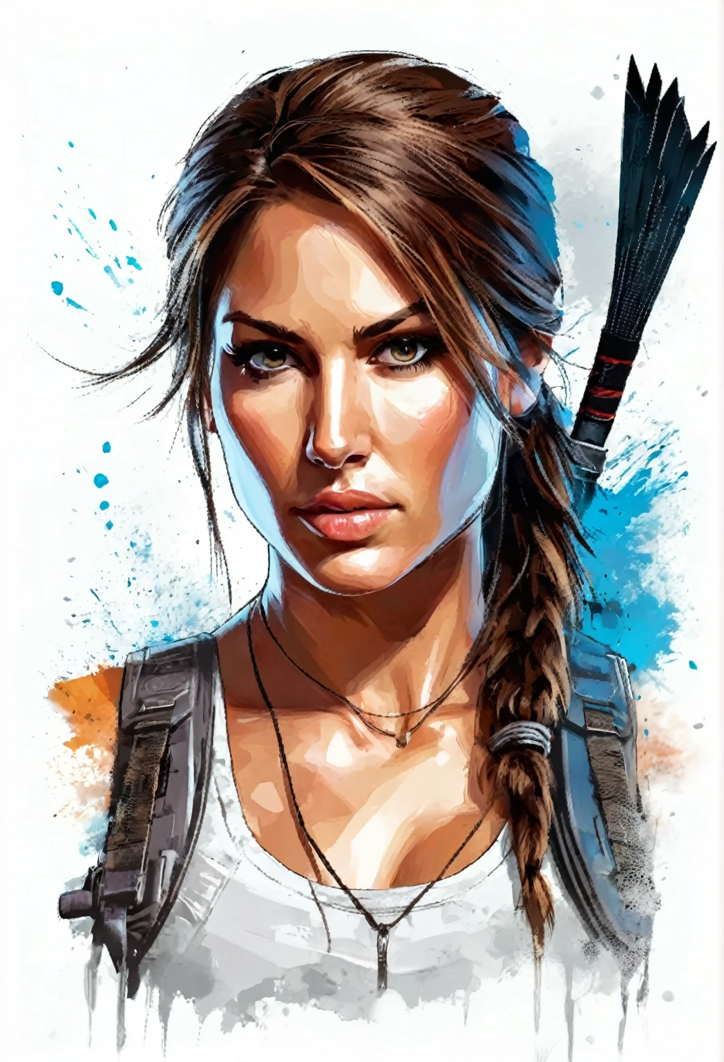 a close-up of a woman holding a gun in front of a colored background, portrait of Lara Croft, Tomb Raider beautiful, Lara Croft, muscular sweat Lara Croft, Tomb Raider, video game digital art, high definition art, 8k art, Tomb Raider setting, Tomb Raider (2018), epic digital art illustration, Lara Croft as spiderwoman