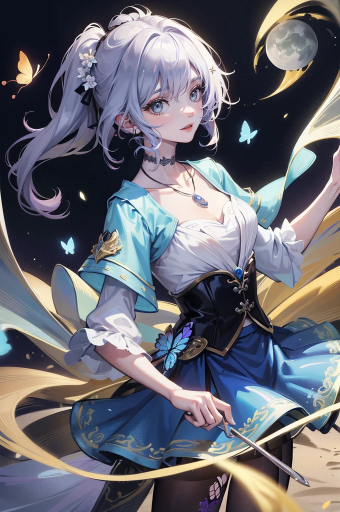 CG, unity, 8 thousand, wallpaper, (masterpiece), (best quality),(1 woman:1.3),best lighting, complex eyes, composite fiber, detailed background, park, dinner, sunny, upper body, in front, smiling, slim, soft skin, Eyes mixed with blue and purple, white blouse, denim skirt, sandal, necklace, (flower, butterfly, sunlight),silver hair,tattoo of the moon,tattoo under the eye,Tattoo,moon shape,moon shape Tattoo,Tattoo,이쁜 Tattoo,purple and blue mixed,
