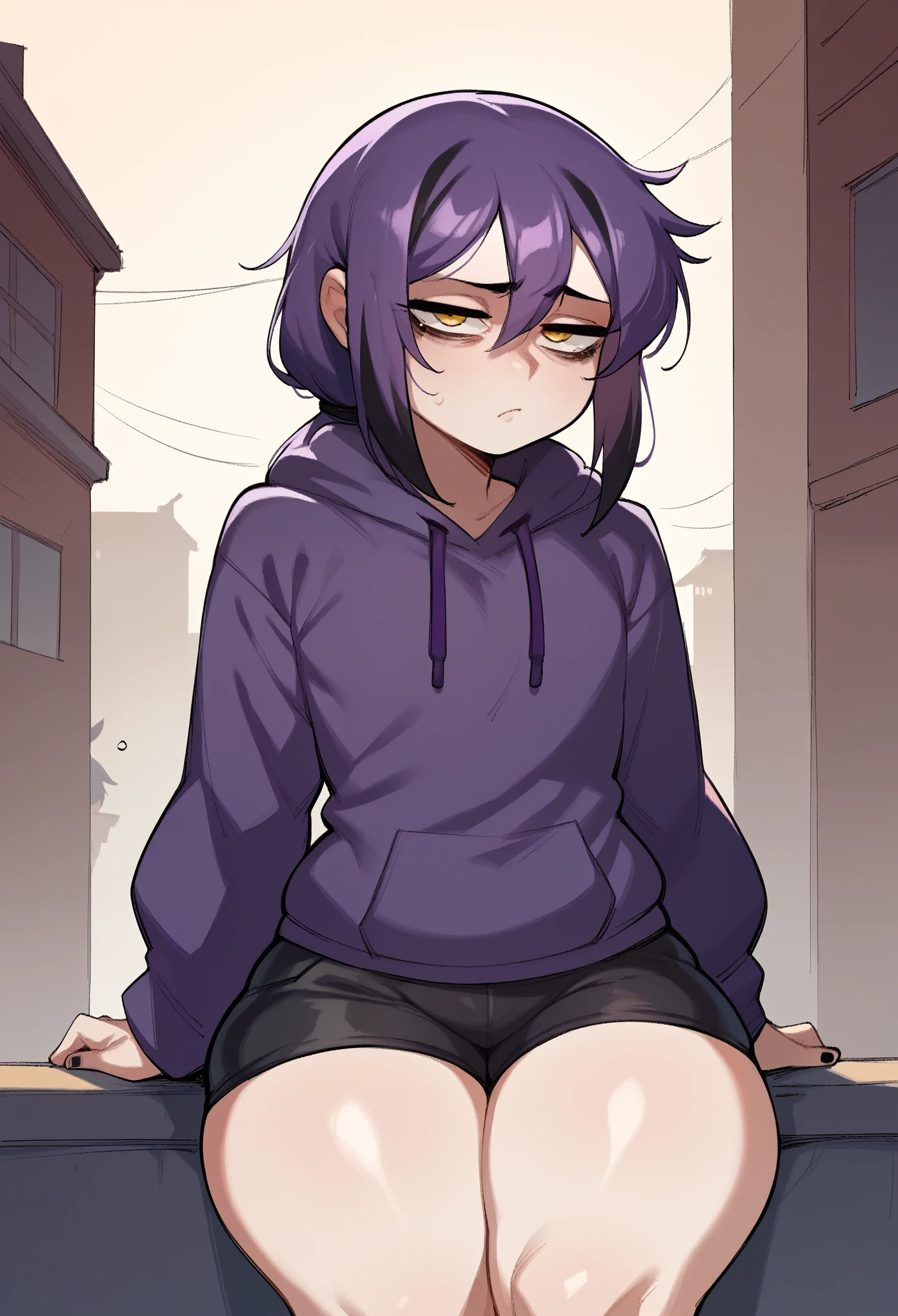 score_9, score_8_up, score_7_up, score_6_up, score_5_up, score_4_up, BREAK source_anime,rating_risky, a girl, thin, pale skin, skinny, tired expression, low ponytail, purple hair, yellow eyes, eye bags, tired expression, purple hoodie,, thick thighs, black shorts, tight clothing, bold comic style, city background, purple clothes with black highlights