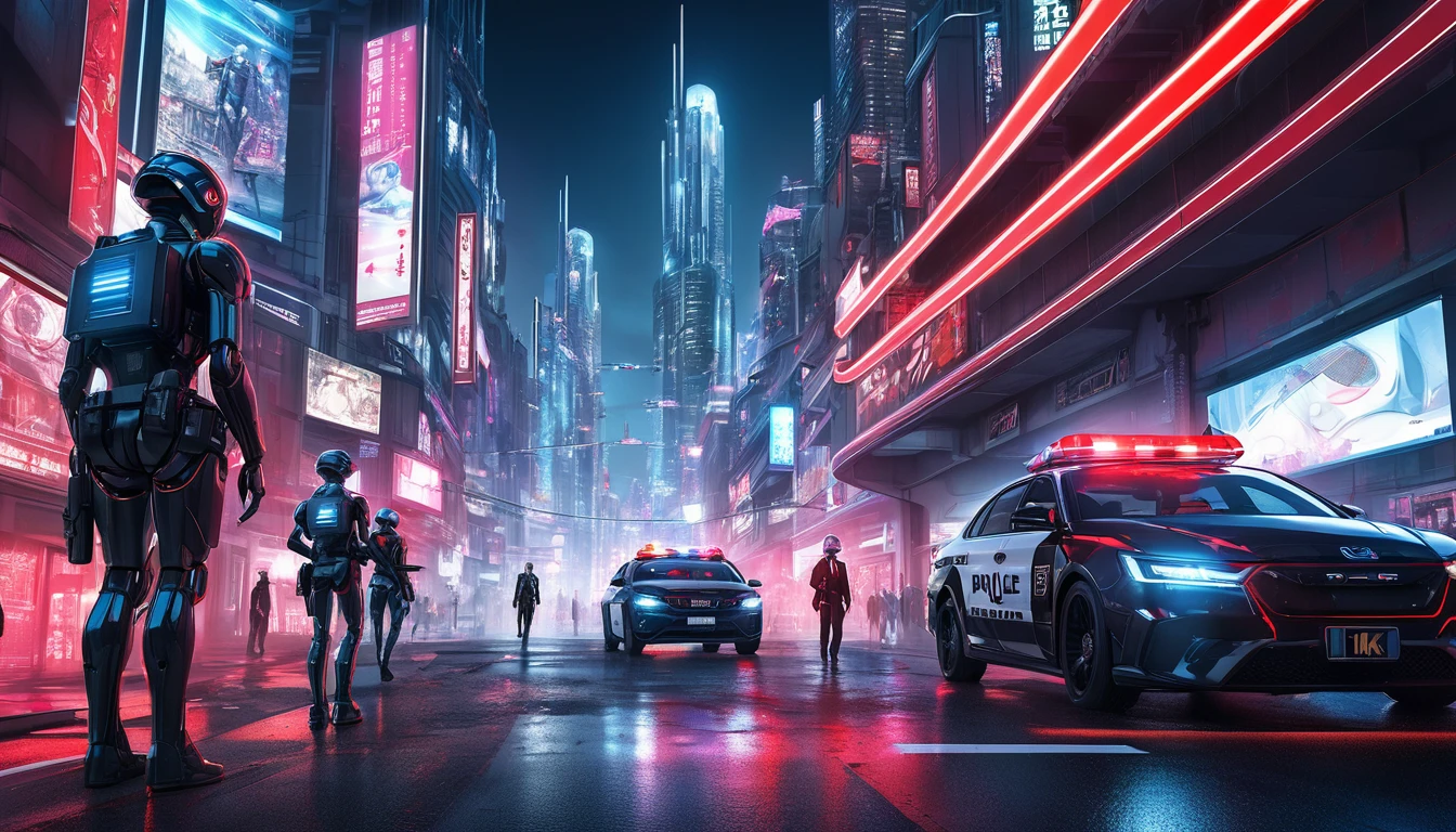 Exquisite illustrations with imaginative cyberpunk surrealist photograph.The story depicts a police android searching for criminals in the future.Androids are like androids made from mannequins.The body is The whole body is organic and white translucent.The head and face are just like a mannequin, with no emotion whatsoever.The translucent body emits a clear red neon light.Many beautiful mechanisms can be seen from the body.In one hand he The android starts running dynamically. holds a white translucent electromagnetic handgun,An eerie red light from the muzzle of a handgun.Night futuristic city background,There are numerous police cars with their patrol lights flashing and no-entry tape strung up all around.Ultra high resolution photos,Ultra high quality, ultra high resolution,(Masterpiece, best quality, 16k:1.5).Ultra detail,Cinema lighting, ultra-fine painting,Professional photography,