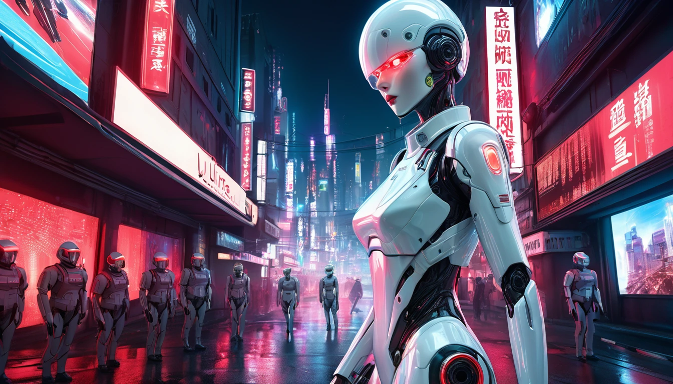 Exquisite illustrations with imaginative cyberpunk surrealist photograph.The story depicts a police android searching for criminals in the future.Androids are like androids made from mannequins.The body is The whole body is organic and white translucent.The head and face are just like a mannequin, with no emotion whatsoever.The translucent body emits a clear red neon light.Many beautiful mechanisms can be seen from the body.In one hand he The android starts running dynamically. holds a white translucent electromagnetic handgun,An eerie red light from the muzzle of a handgun.Night futuristic city background,There are numerous police cars with their patrol lights flashing and no-entry tape strung up all around.Ultra high resolution photos,Ultra high quality, ultra high resolution,(Masterpiece, best quality, 16k:1.5).Ultra detail,Cinema lighting, ultra-fine painting,Professional photography,