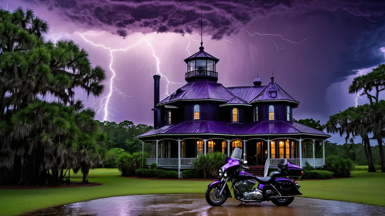 darkest atmosphere, dark purple & black storm clouds during the night, darkness, lightning, a traditional black beach house with octagonal turret & octagonal cupola on top of roof, motorcycle in the front yard, near by a lake surrounded with bald cypress trees & marshes, Louisiana swamp, background