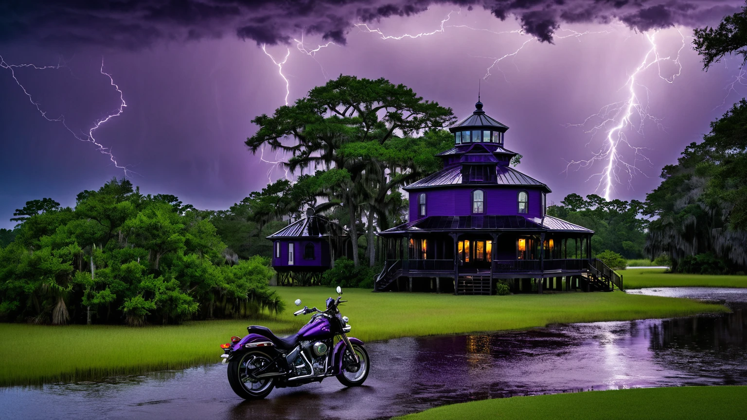 darkest atmosphere, dark purple & black storm clouds during the night, darkness, lightning, a traditional black beach house with octagonal turret & octagonal cupola on top of roof, motorcycle in the front yard, near by a lake surrounded with bald cypress trees & marshes, Louisiana swamp, background