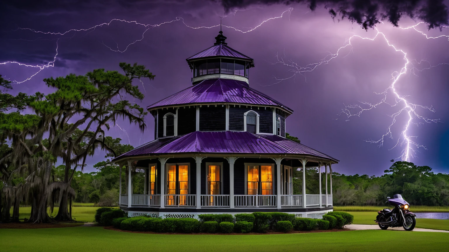 darkest atmosphere, dark purple & black storm clouds during the night, darkness, lightning, a traditional black beach house with octagonal turret & octagonal cupola on top of roof, motorcycle in the front yard, near by a lake surrounded with bald cypress trees & marshes, Louisiana swamp, background