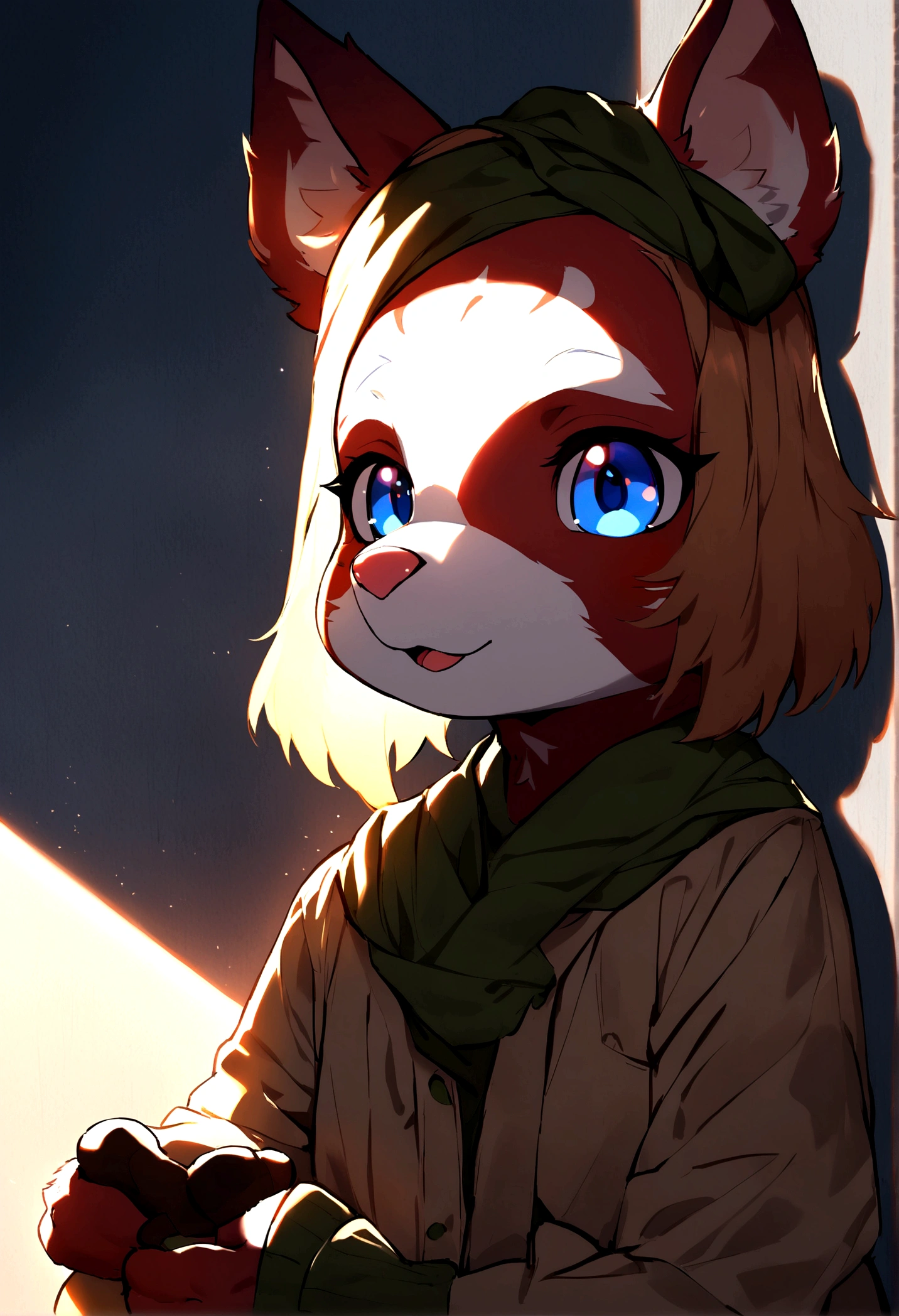 Female gender,furry, Redskin, ultra cute face, elements in the skin,random items of clothing, Beautiful lights and shadows, ambient light, Ultra detailed skin, volumetric light