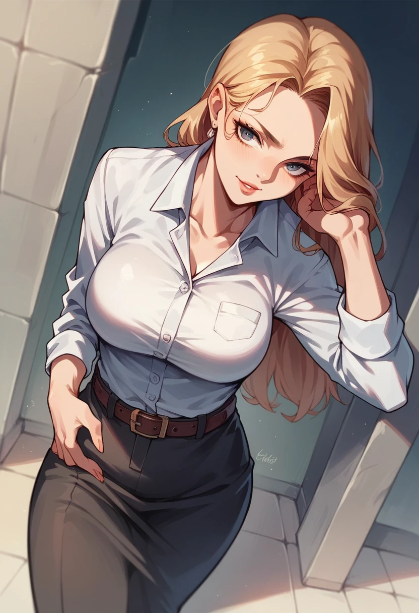 masterpiece, best quality, finely detailed, 1girl, (blonde), (bishoujo), cute, (green eyes), (eyelashes), (huge breasts), (cleavage), (white shirt:1.2), (open shirt), sitting on a sofa, lamp, window, night, delicate interior design, braless, covered nipples