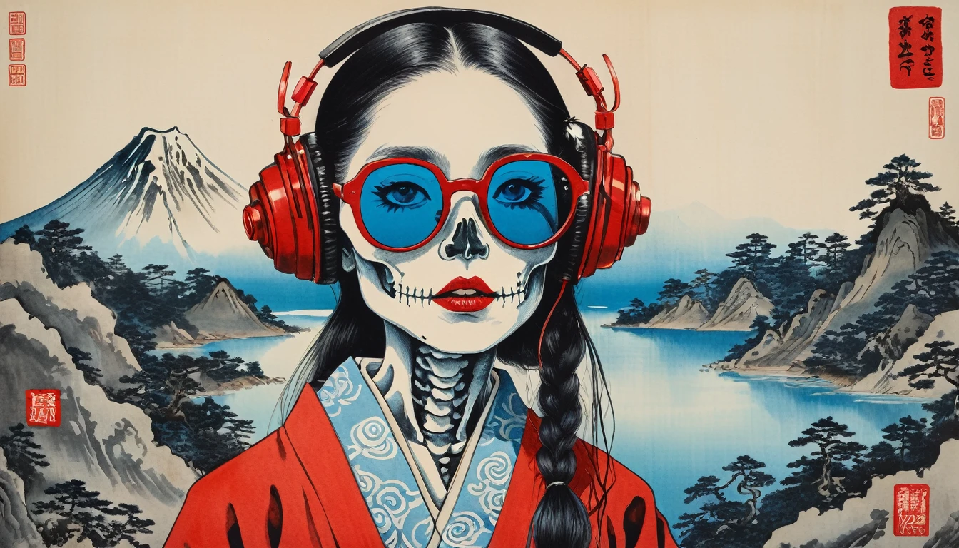 Cute female skeleton, Red lipstick, Long Hair, Sunglasses with light blue lenses, Katsushika Hokusai, Ink Painting, Japanese style headphones, Exercise martial arts, Modern ukiyo-e style, Red Eyes
