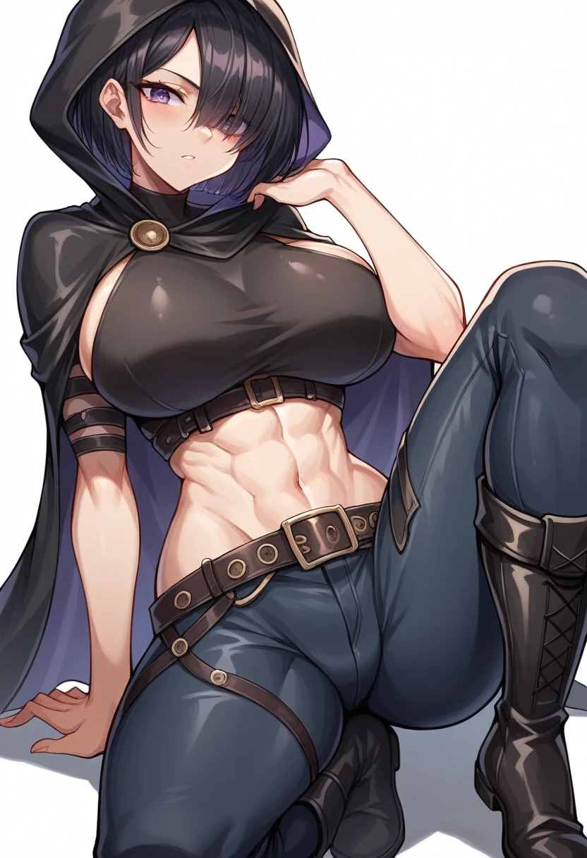 female protagonist, short hair, 18 years old, black hair, hair over right eye, perfect body, round breasts, purple eyes, manhwa, grabbing daggaers, fantasy female assassin, dark pallete, character design, white background, athletic body, long side bang, long leather pants, leather boots, leather belt, cloak, hood, rpg light armor, sitting, one knee up