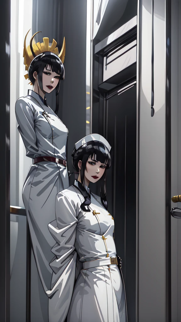 (masterpiece, best quality), SShutaraV4, source_anime, natural light, senjumaru shutara, 1girl, solo, slight smile, long hair, bangs, blunt bangs, sidelocks, (black eyes), (black hair:1.4), makeup, lipstick, red lipstick, mature, mature female, nurse uniform, rubber gloves, patient room background,