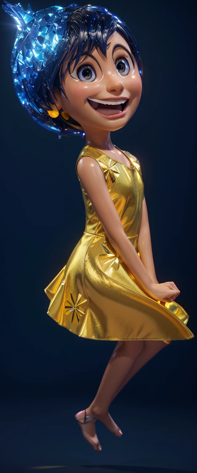 The image features a 3D animated female character standing against a blue background. She is wearing a yellow dress with a blue pattern on it, smooth 3d model, glossy plastic texture, multiple light sources, rim light, sharp post effects render, most beautiful vfx, , realistic, 4k, high resolution, rim light, smooth 3d model. , glossy texture, smooth 3d model, multiple light sources, rim light, sharp post effects render, (glossy plastic texture with multiple big light probe refractions), perfect cgi, reflective, best quality, 4k, masterpiece:1.2, ultra-detailed, realistic, vivid colors, The image of the highest quality, ensuring every detail showcased perfectly. It in 4k resolution, allowing viewers to immerse themselves in the richness of the colors and intricate details. The realistic rendering. under the spotlight, reflecting, high-resolution image, realistic rendering