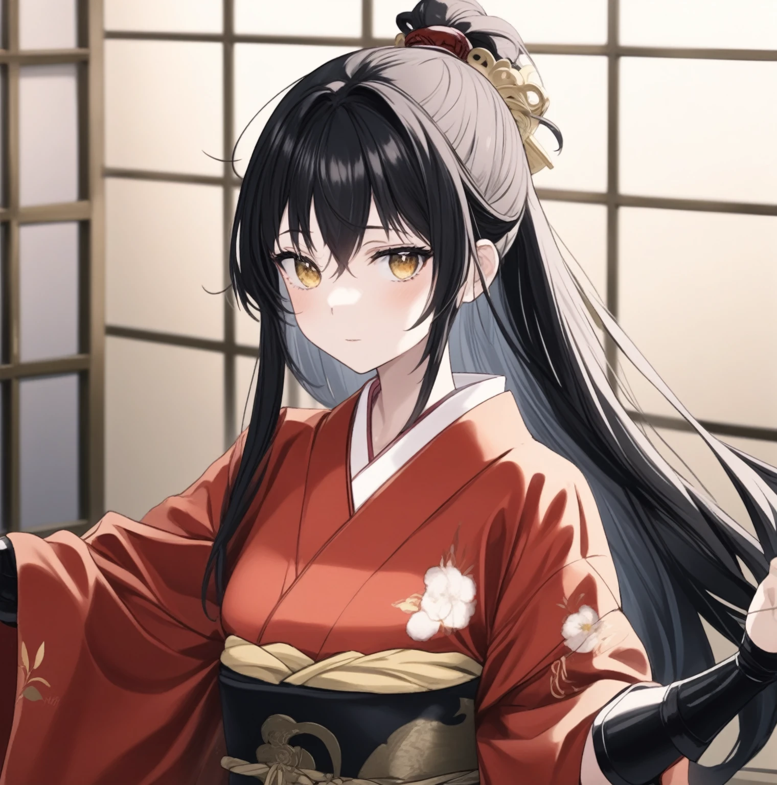 ((Highest quality)), ((masterpiece)), (A girl wearing a red kimono), (Beautiful girl with straight black hair), (Bun Hair), (Beautiful detailed golden eyes), Anime Style 4k, ((Black obi with gold clasp)), ((Black Gauntlets)), Super detailed