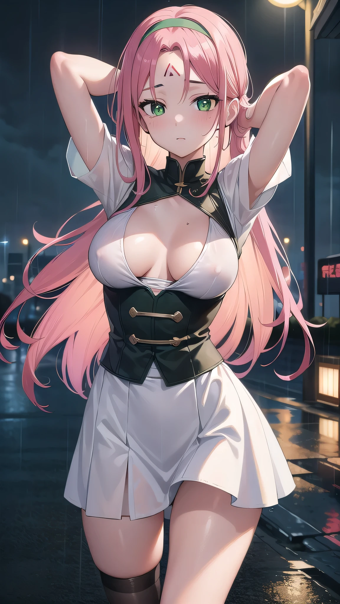 sakuraharuno, sakura haruno, long hair, bangs, (green eyes:1.5), pink hair, hairband, facial mark, (forehead mark:1.2), red hairband, (swept bangs:1.5), (medium breast:1.2),
white blouse,wet blouse,сleavege,neckline,nipples,nipples see through,blue skirt,long skirt,high waist skirt,skinny fit,long legs,
BREAK looking at viewer,
BREAK outdoors, city, rain,night,wet road,neon lights,BREAK (masterpiece:1.2), best quality, high resolution, unity 8k wallpaper, (illustration:0.8), (beautiful detailed eyes:1.6), extremely detailed face, perfect lighting, extremely detailed CG, (perfect hands, perfect anatomy),showing panties,lace panties,stockings,stocking suspenders,thin legs,arms behind head,wet tits, standing in middle.