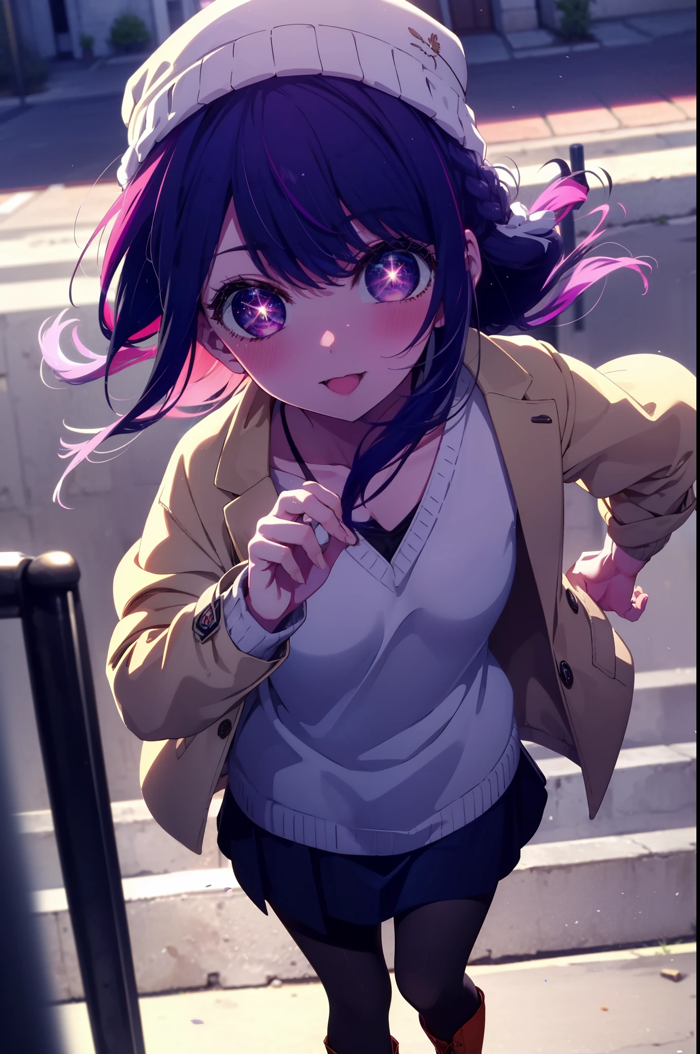 aihoshino, Ai Hoshino, Long Hair, bangs, (Purple eyes:1.1), Purple Hair, (Symbol-shaped pupil:1.5), smile,smile,blush,Open your mouth,Knitted hat,Purple long coat,V-neck sweater,Long skirt,Black pantyhose,short boots,Red muffler,It&#39;s snowing,Snow is falling,Walking,whole bodyがイラストに入るように, Daytime,
break outdoors, Building district,
break looking at viewer, whole body,
break (masterpiece:1.2), Highest quality, High resolution, unity 8k wallpaper, (figure:0.8), (Beautiful attention to detail:1.6), Highly detailed face, Perfect lighting, Highly detailed CG, (Perfect hands, Perfect Anatomy),
