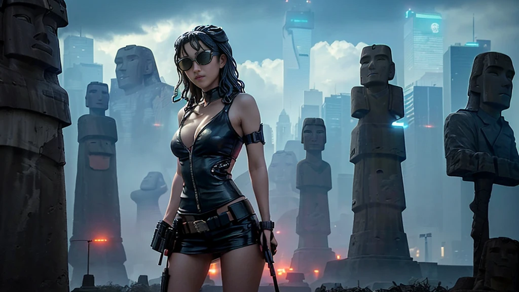 At night, dark sky, aerial view of fantasy cyberpunk style ((Moai-statue)) city, ((flying vehicle)). ((1girl, solo, alone)), photo realistic, medium-breast:1.1 slim body, cleavage, sexy clothes, (black sunglasses), (((hip-up standing and pistol aiming pose))), half-body thigh level medium shot, cinematic lighting.