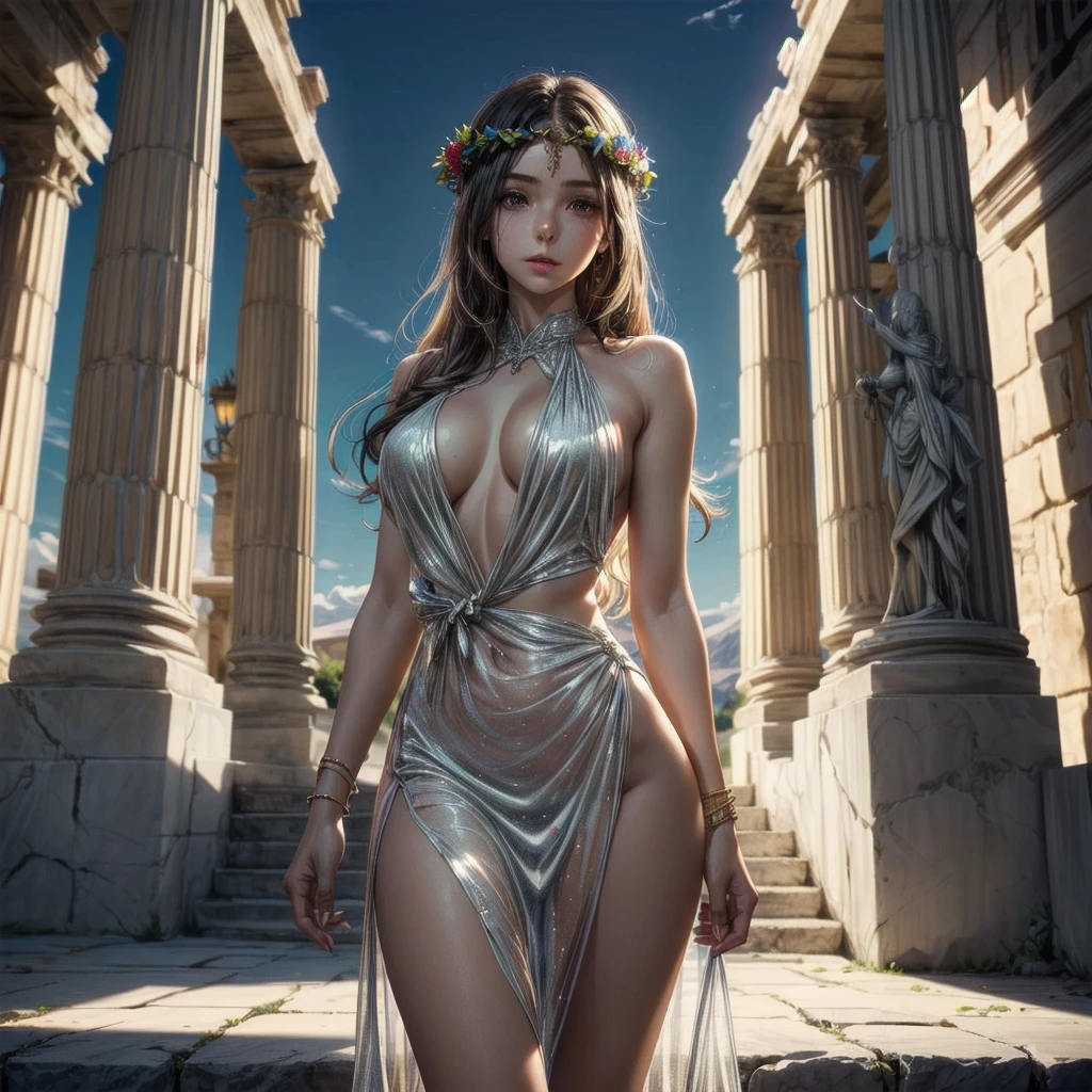 (American shot) facing the viewer 1 girl, 30 years old, a beautiful woman in front of a Greek temple, Greek Goddess, elegant, very shiny silk dress, low-cut, detailed features, shiny skin, warm lighting, , vibrant colors, details intricate,  masterpiece, olive wreath, sensual mythology from ancient Greece,( master piece, 16k, full HD, HDR)