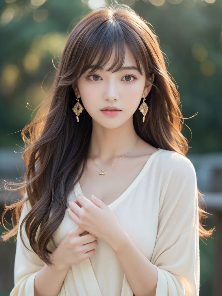 ((Highest quality, 8K, masterpiece:1.3)), concentrate: 1.2, Perfect body beauty: 1.4, Hips: 1.2, ((Long Hair, chest: 1.2)), (Dry clothes: 1.1) , (clear, Simple Background:1.3), Simple clothes: 1.1, Highly detailed face and skin texture,Delicate eyes, double eyelid, Whitened skin, Rough skin、Long Hair、Earrings with bangs、necklace、 solo、Beige coat、White shirt, (((Beautiful girl with cute Japan)))、 ((Beautiful Japanese girl 20 years old))、 ((Baby Face))、 (((Slender body)))、 Upper Body,Face focus、necklace,Simple Background,From above, Realistic Hair、 A photograph was taken:Canon EOS R6、135mm、1/1250 seconds、f2.8、ISO400、(Detailed explanation of the hand)、(Masseter muscle area)、(Exquisite CG)、Long Hair, loose and curly hair、Korean Hair、Long Hair明るいベージュ色、グラデーションハイライトグレージュのゆるふわLong Hairスタイル、