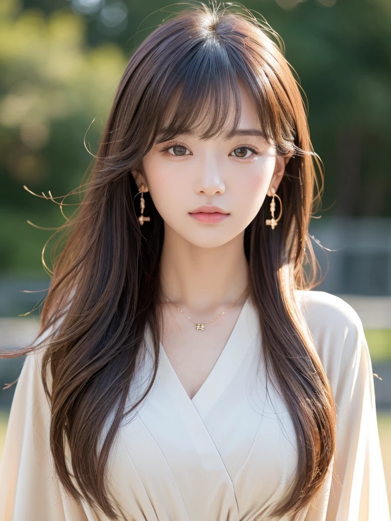 ((Highest quality, 8K, masterpiece:1.3)), concentrate: 1.2, Perfect body beauty: 1.4, Hips: 1.2, ((Long Hair, chest: 1.2)), (Dry clothes: 1.1) , (clear, Simple Background:1.3), Simple clothes: 1.1, Highly detailed face and skin texture,Delicate eyes, double eyelid, Whitened skin, Rough skin、Long Hair、Earrings with bangs、necklace、 solo、Beige coat、White shirt, (((Beautiful girl with cute Japan)))、 ((Beautiful Japanese girl 20 years old))、 ((Baby Face))、 (((Slender body)))、 Upper Body,Face focus、necklace,Simple Background,From above, Realistic Hair、 A photograph was taken:Canon EOS R6、135mm、1/1250 seconds、f2.8、ISO400、(Detailed explanation of the hand)、(Masseter muscle area)、(Exquisite CG)、Long Hair, loose and curly hair、Korean Hair、Long Hair明るいベージュ色、グラデーションハイライトグレージュのゆるふわLong Hairスタイル、