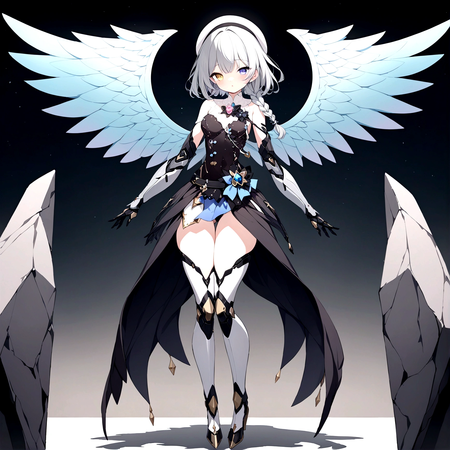 woman 160 cm tall, slim build, . (character design sheet: Full body front view). (Short Wavy Gray Shoulder Length Hair, He has a short braid on the left side of his chest hair.., He has large open bangs on the left side of his hair., She has a moon brooch on the left side of her hair...). She has a black French beret with a crystal star brooch... (heterochromia: Green right eye and yellow left eye..). Intricate One Piece Low Waist Thigh Length Dress, He has an elegant black belt on his hip.., He has a huge and complex rose brooch in the middle of his chest... It has intricate stilettos.. (It has complex mechanical legs that reach up to the thighs.: black with small gray details and metallic finish.). (It has complex black mechanical arms with small gray details with a metallic finish..). He has complex mechanical angel wings on his back that are light blue and white with a metallic finish... Beautiful extremely detailed wings.. beautiful detailed hair, beautiful detailed dress. extremely detailed arms. extremely detailed face, small face, Beautiful detailed eyes, beautiful detailed lips. adorable. extremely detailed legs. (Best Quality, 4k, 8k, high resolution), ultra detailed, Exquisite and epic character art..