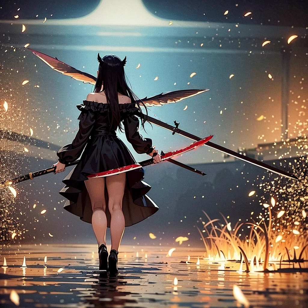 1 dark angel dancing on the lake, flowers and sword, splashed water, dimaond, smoke, ****ta long dress, rage, bloody, 8k, hd, unreal engine, dreamy, romantic