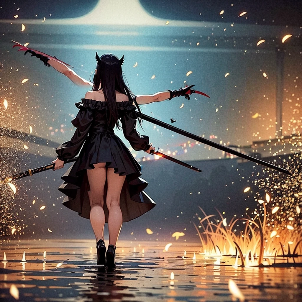 1 dark angel dancing on the lake, flowers and sword, splashed water, dimaond, smoke, ****ta long dress, rage, bloody, 8k, hd, unreal engine, dreamy, romantic