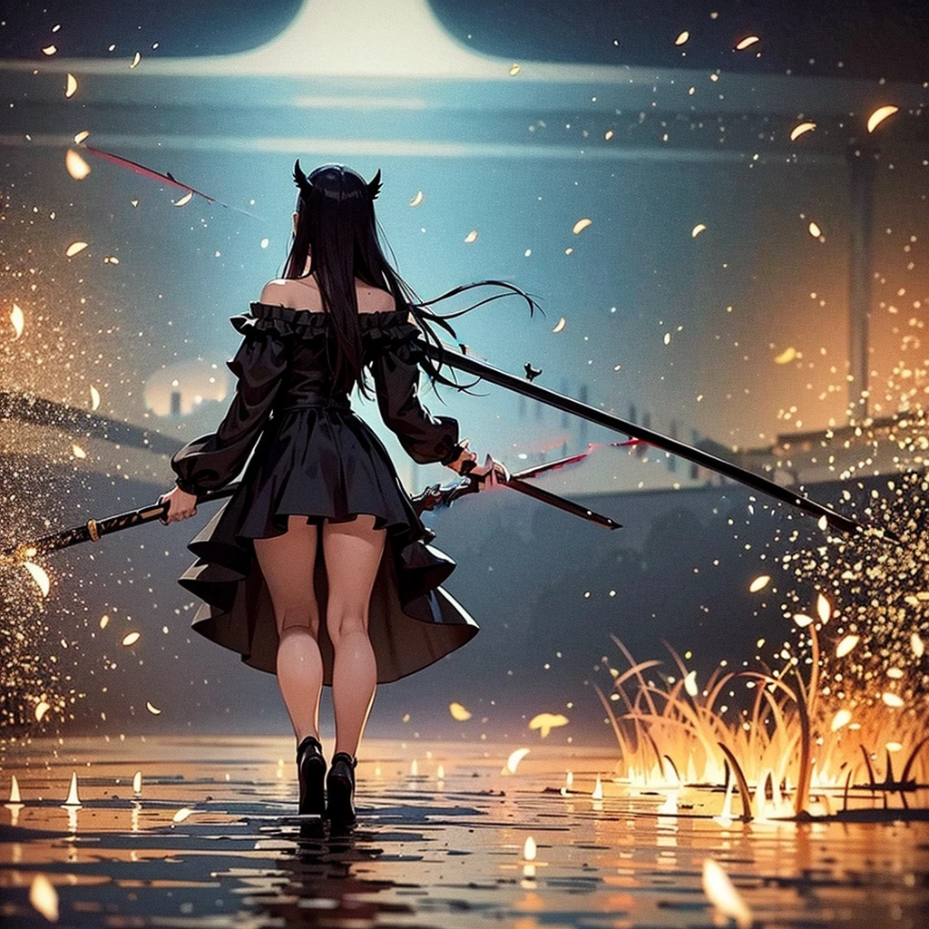 1 dark angel dancing on the lake, flowers and sword, splashed water, dimaond, smoke, lolita long dress, rage, bloody, 8k, hd, unreal engine, dreamy, romantic