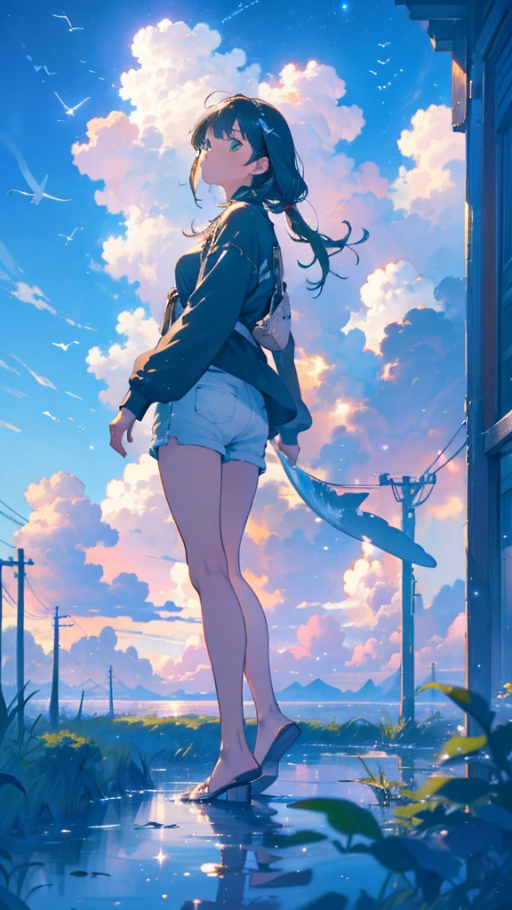 masterpiece, Exquisite detail,Highest quality, One girl, alone, handrail, cloud, Looking up at the buildings,Long Hair, zero, Long sleeve, Power lines, White footwear, Black Hair, View your viewers, Electric pole, bangs, cloudy zero, fish, bird, Green Eyes, Shorts, Day, Black Shirt, barefoot,Whale flying in the sky,Giant whale,night,Star,milky way,night,Pitch black,Buildings,standing and looking up at the sky