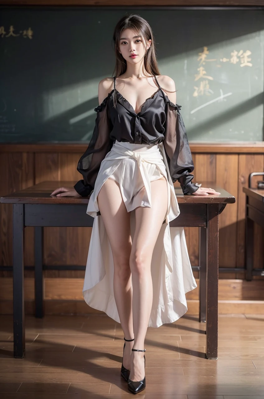 Beautiful Chinese waifu, early 30s, brunette hair, black off shoulder top, white silk voile skirts, high heels, in classroom 