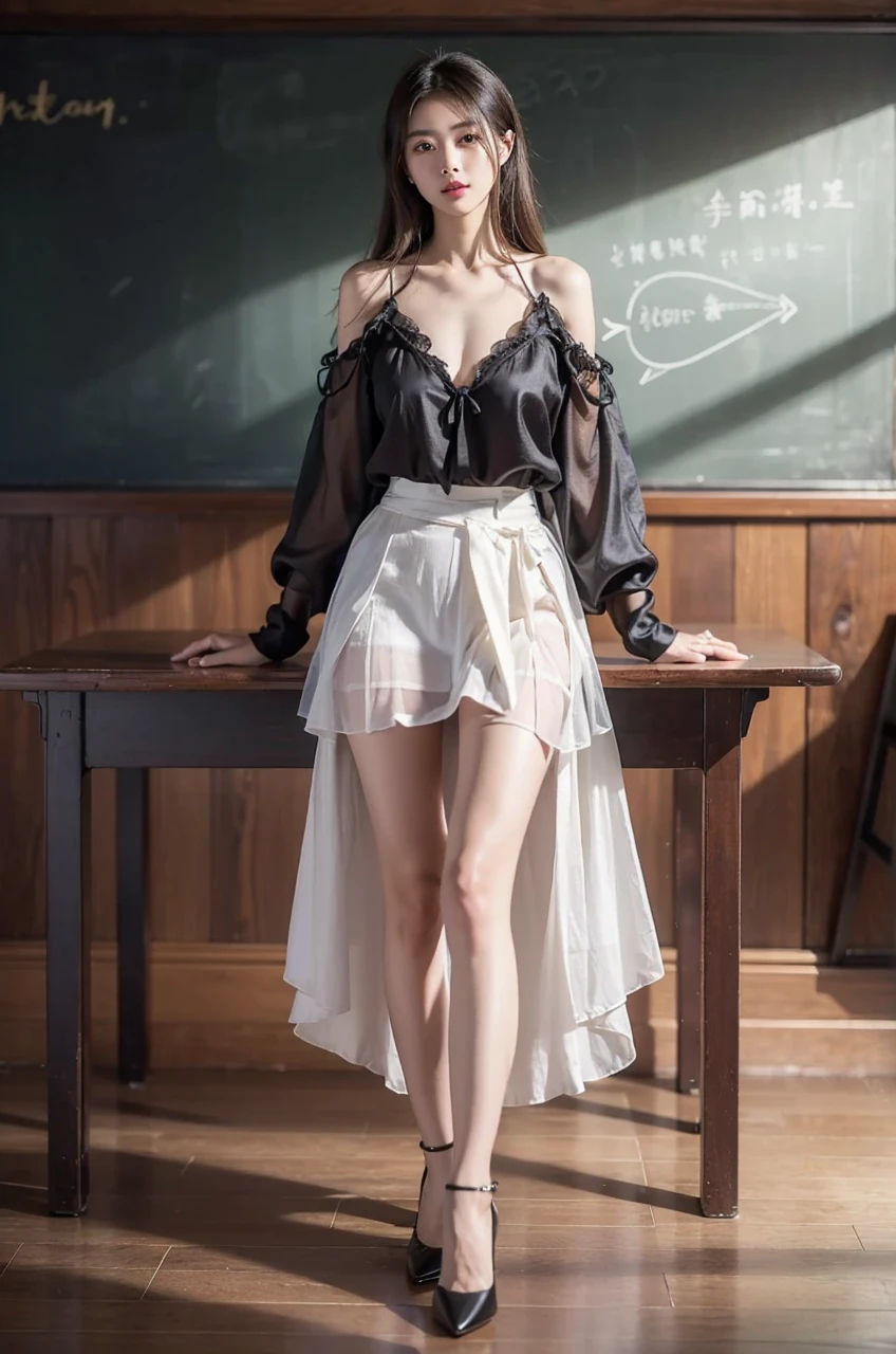 Beautiful Chinese waifu, early 30s, brunette hair, black off shoulder top, white silk voile skirts, high heels, in classroom 