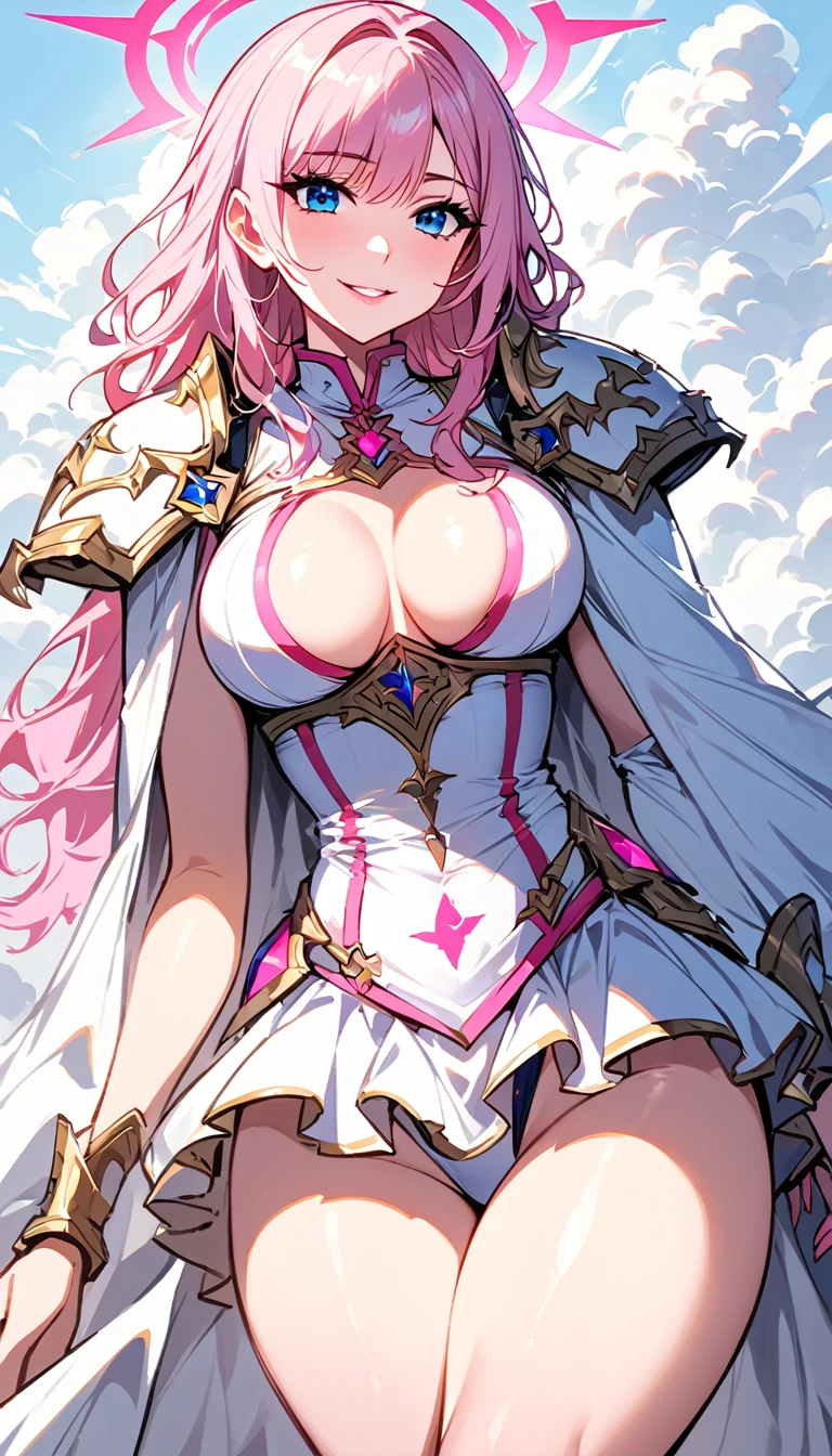 (high quality, 8k, 4K, high contrast, artwork:1.2, high quality, best aesthetics), (centered), ((1 woman)), erotic, sensual, mature female body, super detailed, beautiful face detailed, beautiful eyes detailed, detailed beautiful mouth, sexy body, flashy breasts, flashy thighs, (light pink hair, long light pink hair, wavy light pink hair), (blue eyes), (white medieval armor with pink hearts and decorated pink details), (shoulder pads), (ruffled skirt), (long white cape), (pink angel halo), (smiling), (calm facial expression), (standing erect), (looking at the viewer), (centered), (above the clouds), (clear sky)