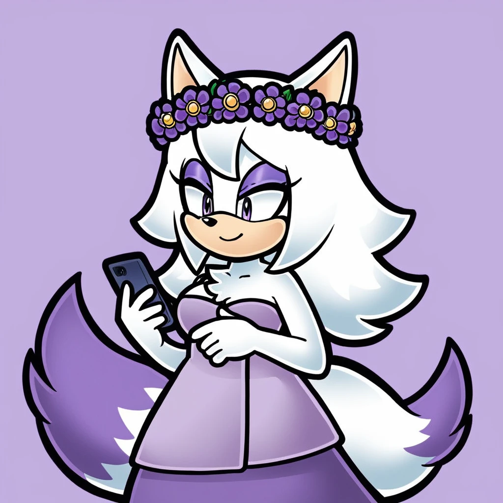 (score_9, score_8_up, 2d), sonic (series), anthro wolf girl, female, athletic body, white hair, fluffy hair, white body fur, chest fluff, long tail, fluffy tail, white muzzle, bangs, purple eyes, purple eyeshadow, oval eyes, medium breasts, wrapped in towel, holding phone, purple flower crown, smile.