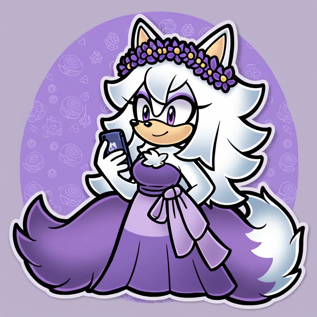 (score_9, score_8_up, 2d), sonic (series), anthro wolf girl, female, athletic body, white hair, fluffy hair, white body fur, chest fluff, long tail, fluffy tail, white muzzle, bangs, purple eyes, purple eyeshadow, oval eyes, medium breasts, wrapped in towel, holding phone, purple flower crown, smile.