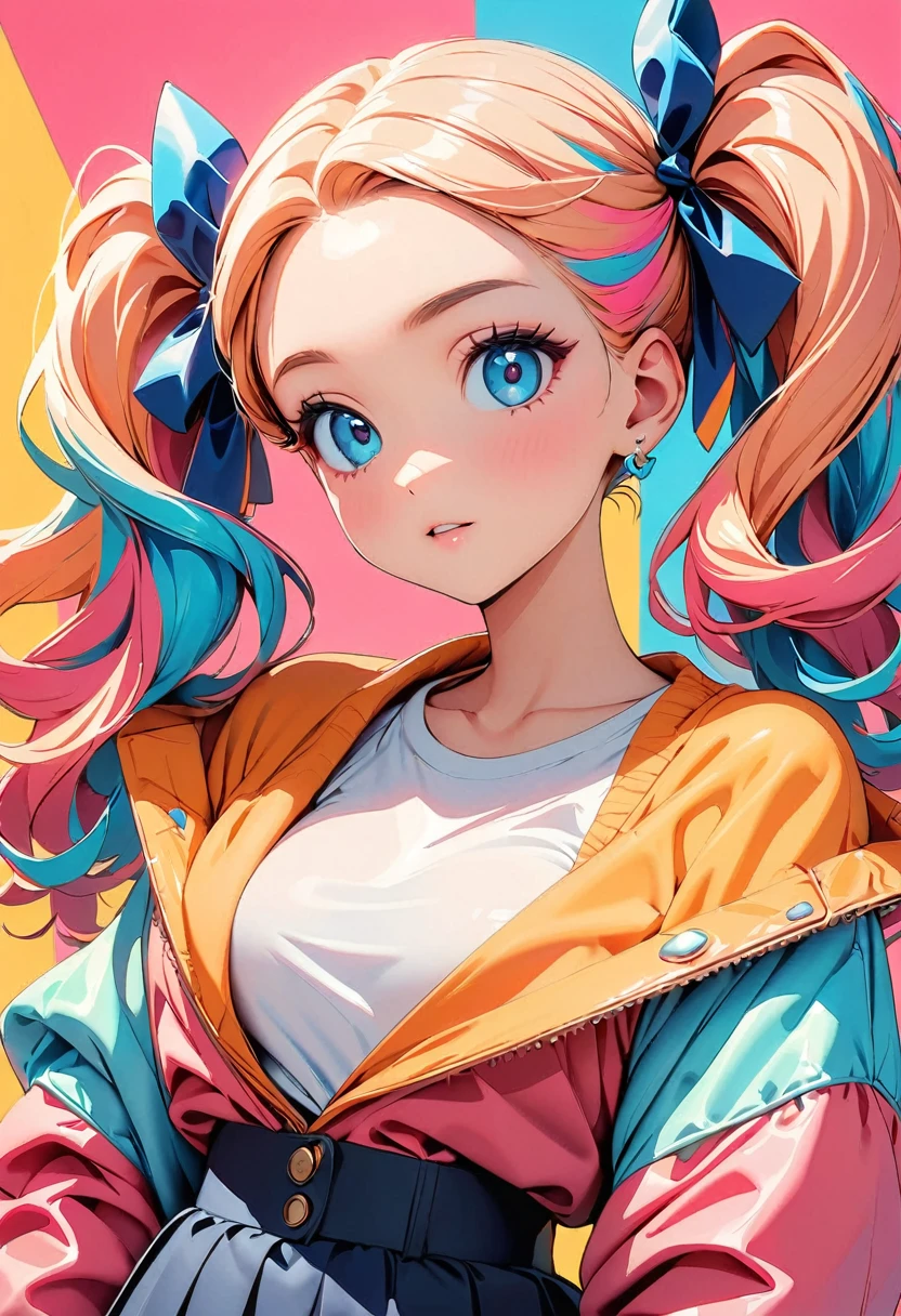 (highest quality:1.2, City Pop Style, Very detailed, Latest, Vibrant, High Contrast, masterpiece:1.2, highest quality, Best aesthetics), girl, ((Face Up Shot:1.4)), Colorful Hair, twintails, hair ribbon,pastel colour, 1980s style, ((Retro, Vintage, Single color background)),