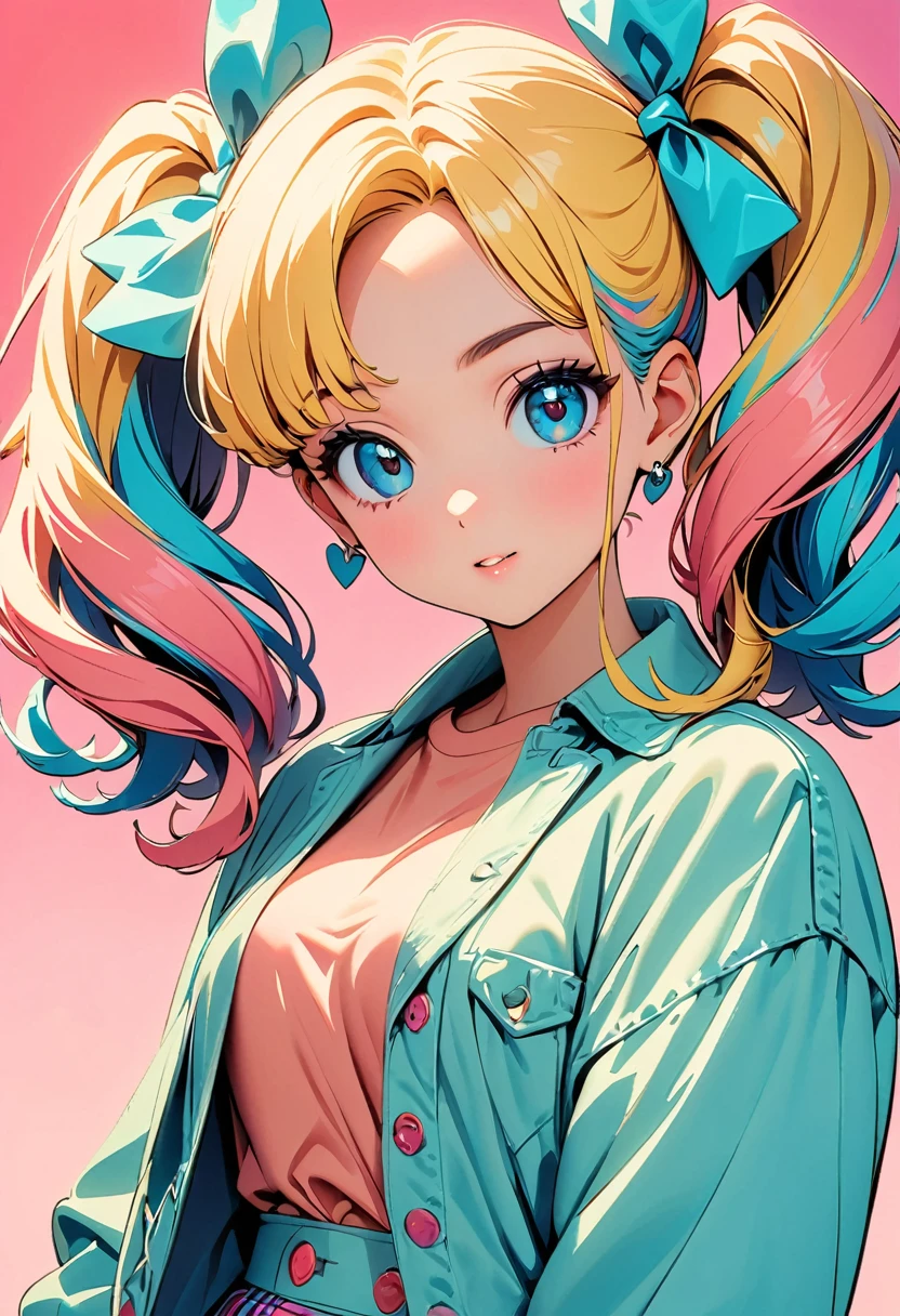 (highest quality:1.2, City Pop Style, Very detailed, Latest, Vibrant, High Contrast, masterpiece:1.2, highest quality, Best aesthetics), girl, ((Face Up Shot:1.4)), Colorful Hair, twintails, hair ribbon,pastel colour, 1980s style, ((Retro, Vintage, Single color background)), 