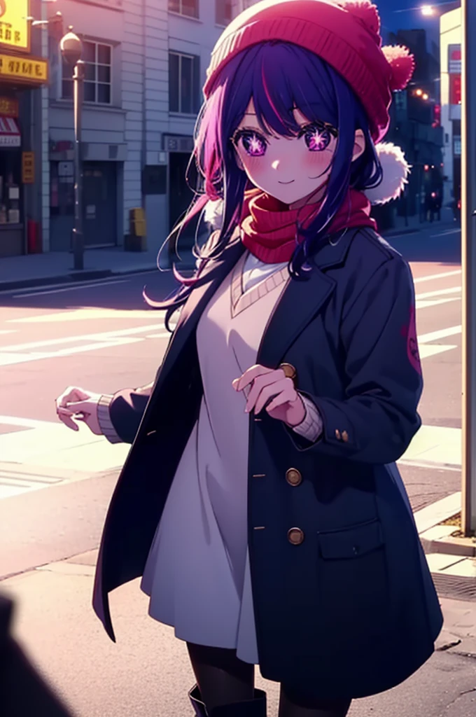 aihoshino, Ai Hoshino, Long Hair, bangs, (Purple eyes:1.1), Purple Hair, (Symbol-shaped pupil:1.5), smile,smile,blush,Open your mouth,Knitted hat,Purple long coat,V-neck sweater,Long skirt,Black pantyhose,short boots,Red muffler,It's snowing,Snow is falling,Walking,whole bodyがイラストに入るように, Daytime,
break outdoors, Building district,
break looking at viewer, whole body,
break (masterpiece:1.2), Highest quality, High resolution, unity 8k wallpaper, (figure:0.8), (Beautiful attention to detail:1.6), Highly detailed face, Perfect lighting, Highly detailed CG, (Perfect hands, Perfect Anatomy),
