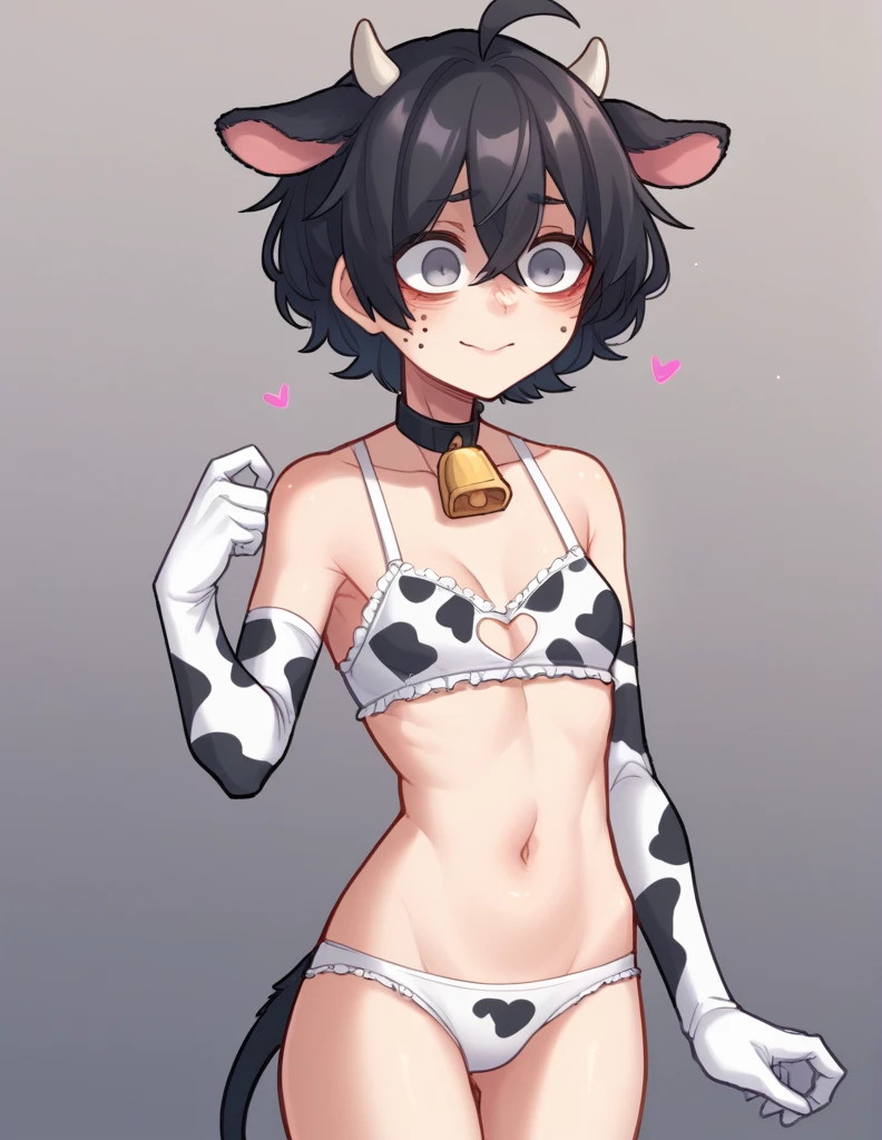 1 girl, alone, ppka, black fur, short hair, messy fur, Ahoge, parts, parts por todo el cuerpo, grey eyes, empty eyes, blind, nervous, slight smile, cute look,
cow suit, white thong with black spots, tight bra, white bra with black spots, white, gold bell necklace, long gloves, tight gloves, white gloves with black spots, heart tattoo, purple heart, tattoo under the navel, exposed navel cow lingerie, cow ears