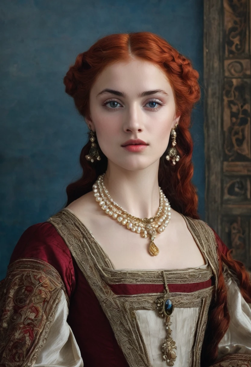 young woman(23 years old). Bright red, Wavy hair, braided(in the manner of Lucrezia Borgia или на манер таргариенов), pearl earrings in the ears, necklace of pearls on the neck. Eyes sky blue. Red eyebrows, very thin and curved. The skin is pale, she has freckles. Elongated face, oval shape. Dress in Renaissance or Middle Ages style, in the manner of Lucrezia Borgia. Mouth wide, and your lips are full. Брови very thin and curved, Light. одета в платье in the manner of Lucrezia Borgia. Realism style.