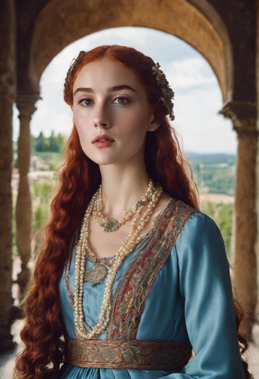 young woman(23 years old). Bright red, Wavy hair, braided(in the manner of Lucrezia Borgia или на манер таргариенов), pearl earrings in the ears, necklace of pearls on the neck. Eyes sky blue. Red eyebrows, very thin and curved. The skin is pale, she has freckles. Elongated face, oval shape. Dress in Renaissance or Middle Ages style, in the manner of Lucrezia Borgia. Mouth wide, and your lips are full. Брови very thin and curved, Light. одета в платье in the manner of Lucrezia Borgia. Realism style.