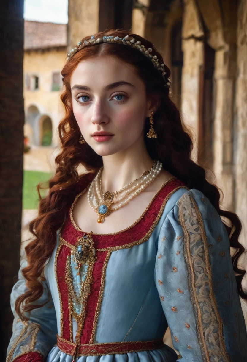 young woman(23 years old). Bright red, Wavy hair, braided(in the manner of Lucrezia Borgia или на манер таргариенов), pearl earrings in the ears, necklace of pearls on the neck. Eyes sky blue. Red eyebrows, very thin and curved. The skin is pale, she has freckles. Elongated face, oval shape. Dress in Renaissance or Middle Ages style, in the manner of Lucrezia Borgia. Mouth wide, and your lips are full. Брови very thin and curved, Light. одета в платье in the manner of Lucrezia Borgia. Realism style.