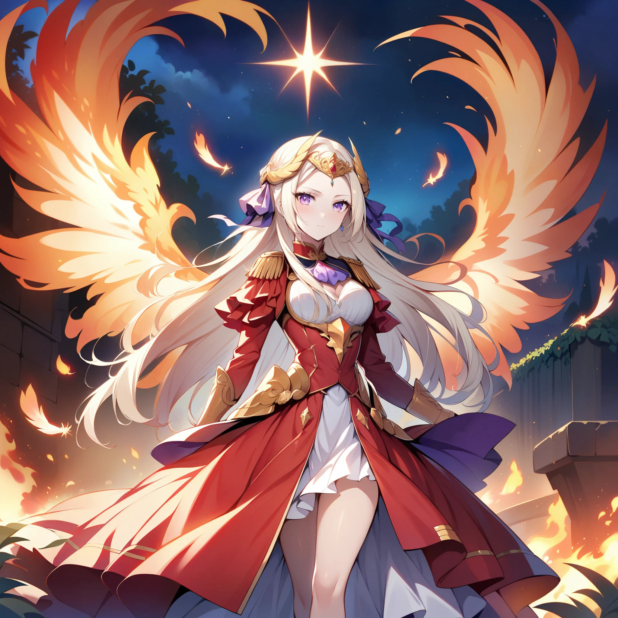 1GIRL,phoenix emperor edelgard_von_hresvelg,Long middle parted white hair,purple eyes,brightly lit fire in the middle of a serene night, fiery sparks rising, a majestic phoenix emerging from the flames descends, flaming wings with intricate details and vibrant colors, feathers softly glowing with warm hues, eyes glowing with intense light, feathers softly glowing with warm hues, wings spreading wide in mid-flight, radiating fiery energy, surrounded by a peaceful garden with lush greenery and blooming flowers, illuminated by the soft glow of moonlight casting gentle shadows, creating a magical and ethereal ambiance