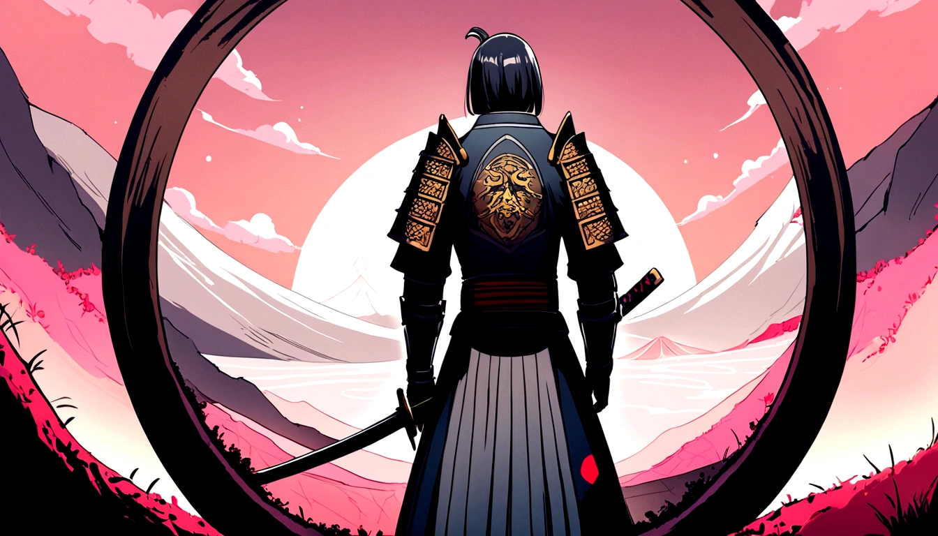 (Highest quality,High resolution:1.2),Super detailed,Traditional Japanese samurai armor,Back view,Severe,skilled swordsmanship,Classic Katana,The Samurai Code of Honor,Sacred Devotion,Authentic Japanese scenery,A quiet temple seen in the distance,Summer steppe,Subtle light and shadow,Sublime Art,Strokes,Thick black ink,Manga style,Traditional woodblock style,Vibrant colors,Delicate line drawing,Subtle incense scent,Serene atmosphere