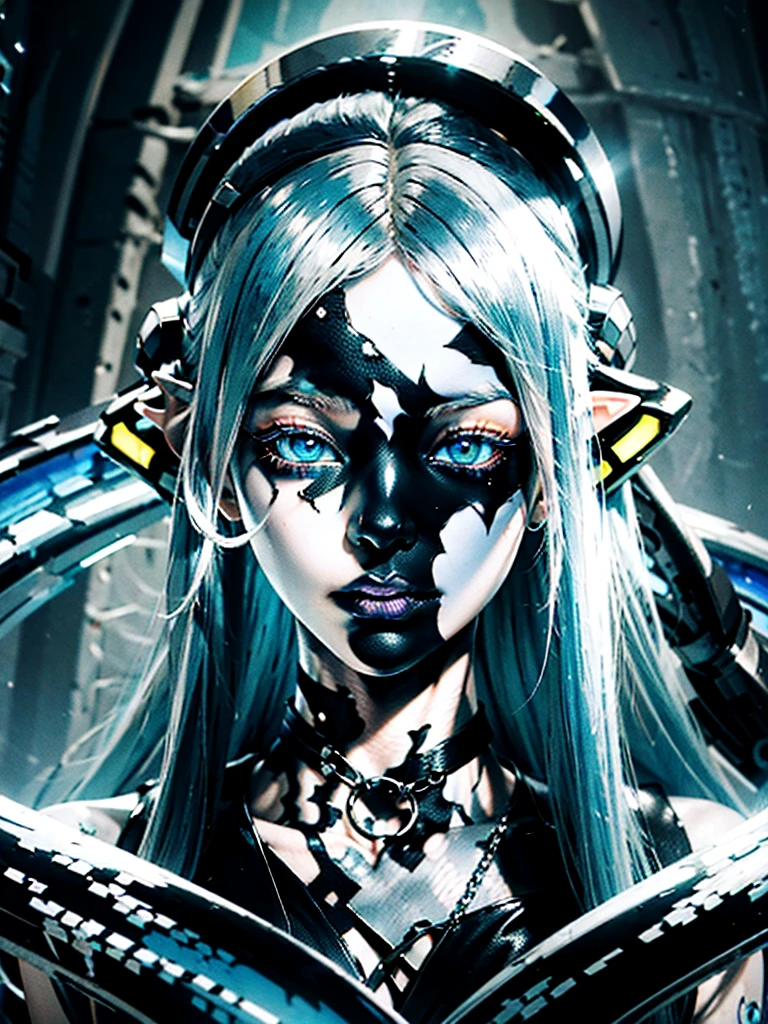 Create surreal pictures, space manipulation, glitch
recursive layer
effect, tattooed cyberpunk albino elf female figure,with a fractured facial piercing, very long blue and black under cut hair spread out on the ground,
transparent clear robe, les neon Yellow are very bright,black eye,large metal ring around the neck, the open mouth releases a cobra snake wrapped around the neck, hollow cracked upper head, and the character's body has arranged gills, the cavity in the body is open,
an alien comes in and out of the body cavity,Sit in a squat pose,in the black cracked desert, with a fractal chain that locks both hands, very detail, figure 3:4