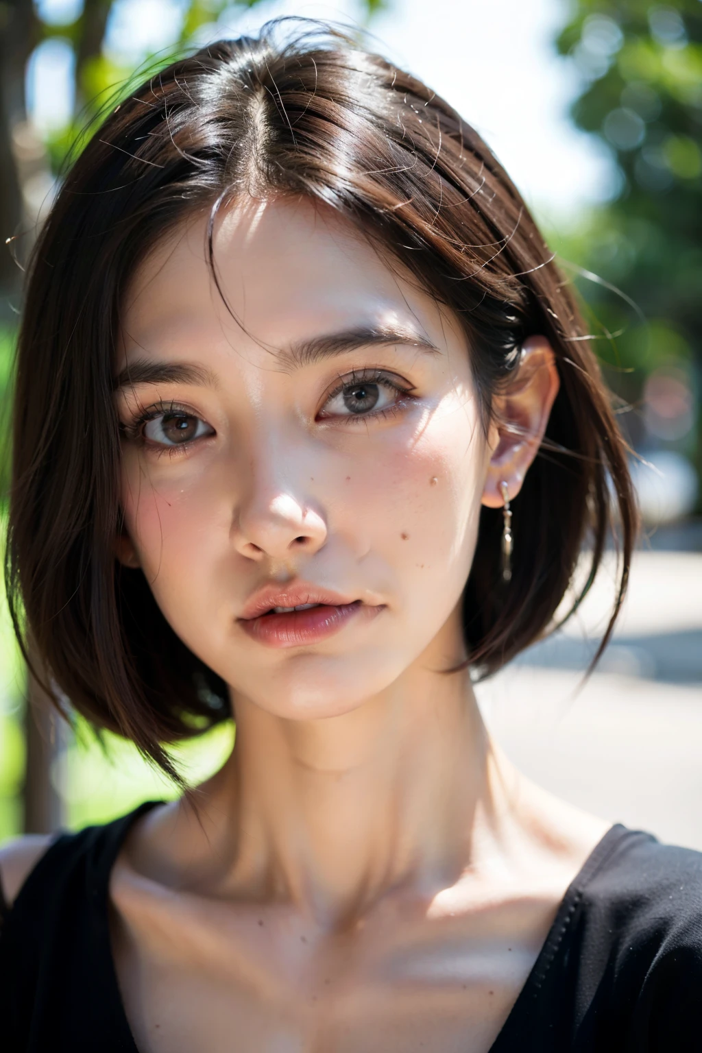 (Skin details:1.4), (smooth skin textures:1.3), （Upper Body：1.4），（Upper Body：1.3)，(Black clothes:1.4)，Lipstick, background, earrings, serene, calm, (Realistic and detailed eyes：1.2）, Natural skin texture, Realistic facial details, Soft dramatic lighting, Vivid details, 35 mm film, outdoor, (Photo Practical:1.4), (hyper Practical:1.4), (Practical:1.3), (Smoother lighting:1.05), (Improve lighting quality:0.9), (Highest quality real skin textures:1.4), Exquisite eyes, Delicate face, Close-up of face, (Enhance the beauty of skin texture:1.1),0Normal body proportions, short hair, Moles under the eyes, A faint smile,Portrait Photography, Depth of Field, Bokeh, Surrealism, Ray Tracing, (Portrait Photography:1.1), Surrealism, High Detail, Chiaroscuro, Ray Tracing, reflected light, Ultra HD, Ultra HD, masterpiece, Textured Skin, Super Detail, High Detail, high quality, best quality