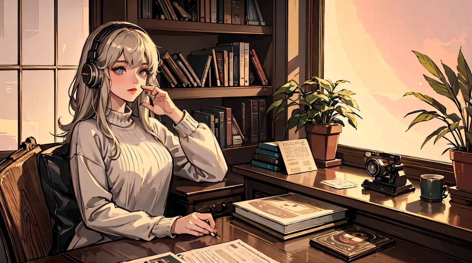 Highest quality,4K,8K,High resolution,masterpiece:1.2,Super detailed,Realistic:1.37,Beautiful attention to detail,Beautiful lip detail,Highly detailed eyes and face,Long eyelashes,One girl,Lo-fi Girl,Soft lighting,pastel colour,Dreamy atmosphere,Retro feel,Vintage Fashion,Vinyl Record Player,Dusty room,Relaxed pose,The aesthetics of film photography,Vignette,Soft Focus,Old books on the shelf,Houseplant,cassette tape,Coffee cup,Headphones,Digital Art,Laid back look,Warm and cozy,Cozy sweater,Candlelight,Neon Light,Sparkling sunset,Artistic atmosphere,A fantastic atmosphere