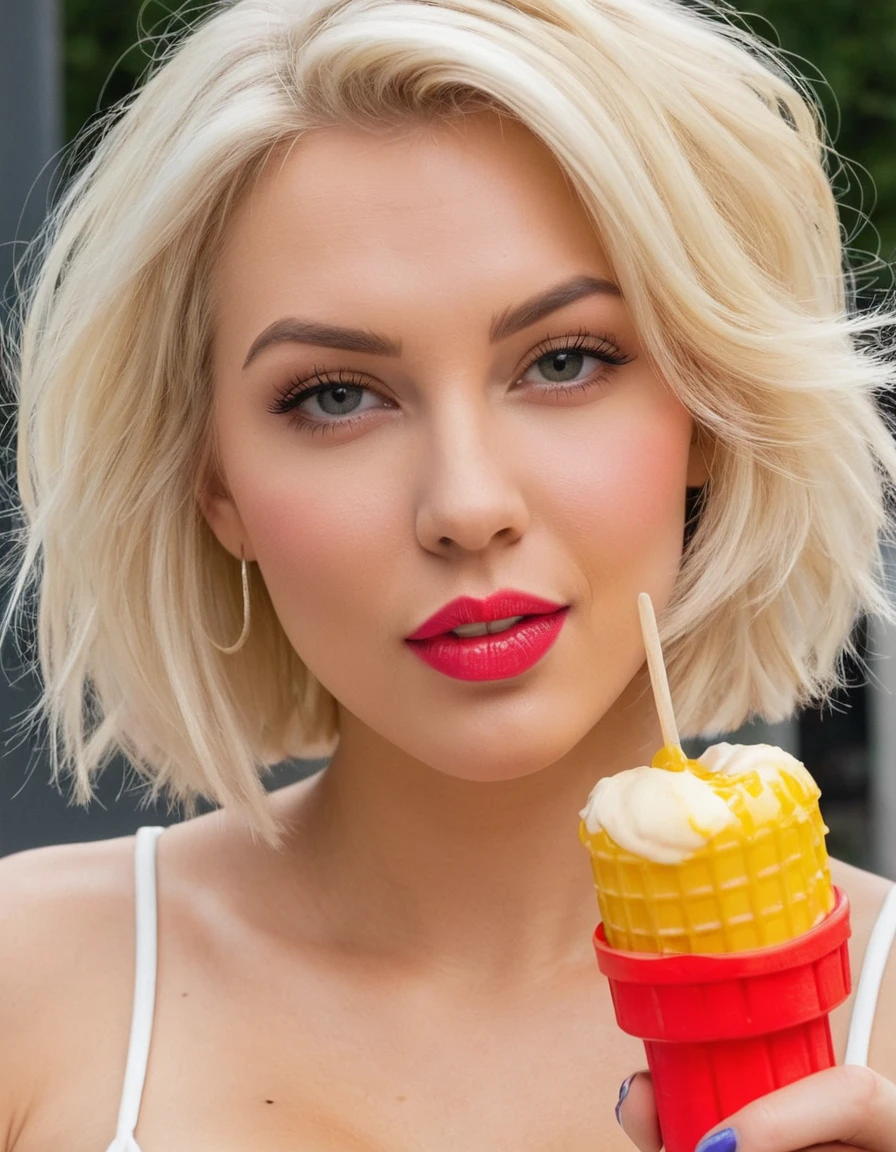 a beautiful blonde girl giving a blowjob to a popsicle, giving oral sex to a popsicle, (messy bob hairstyle, white blond hair color), messy hairstyle, messy bob, messy hairstyle, white blond, 5 foot 3 inches tall, 110 pounds in weight, 34G breasts, large firm round breasts, very large breasts, cleavage, photorealistic, 4K, 8K, UHD