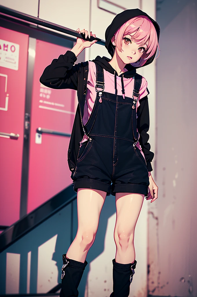 1girl, solo, hd, absurdres, anime style, 2d, celshade style, digital art, solid color background, (short hair, ((pixie cut)) hair, messy hair, pink hair), wearing ((pink casual hoodie, ((black dungarees)) and short (skirt), and brown eyes iris))