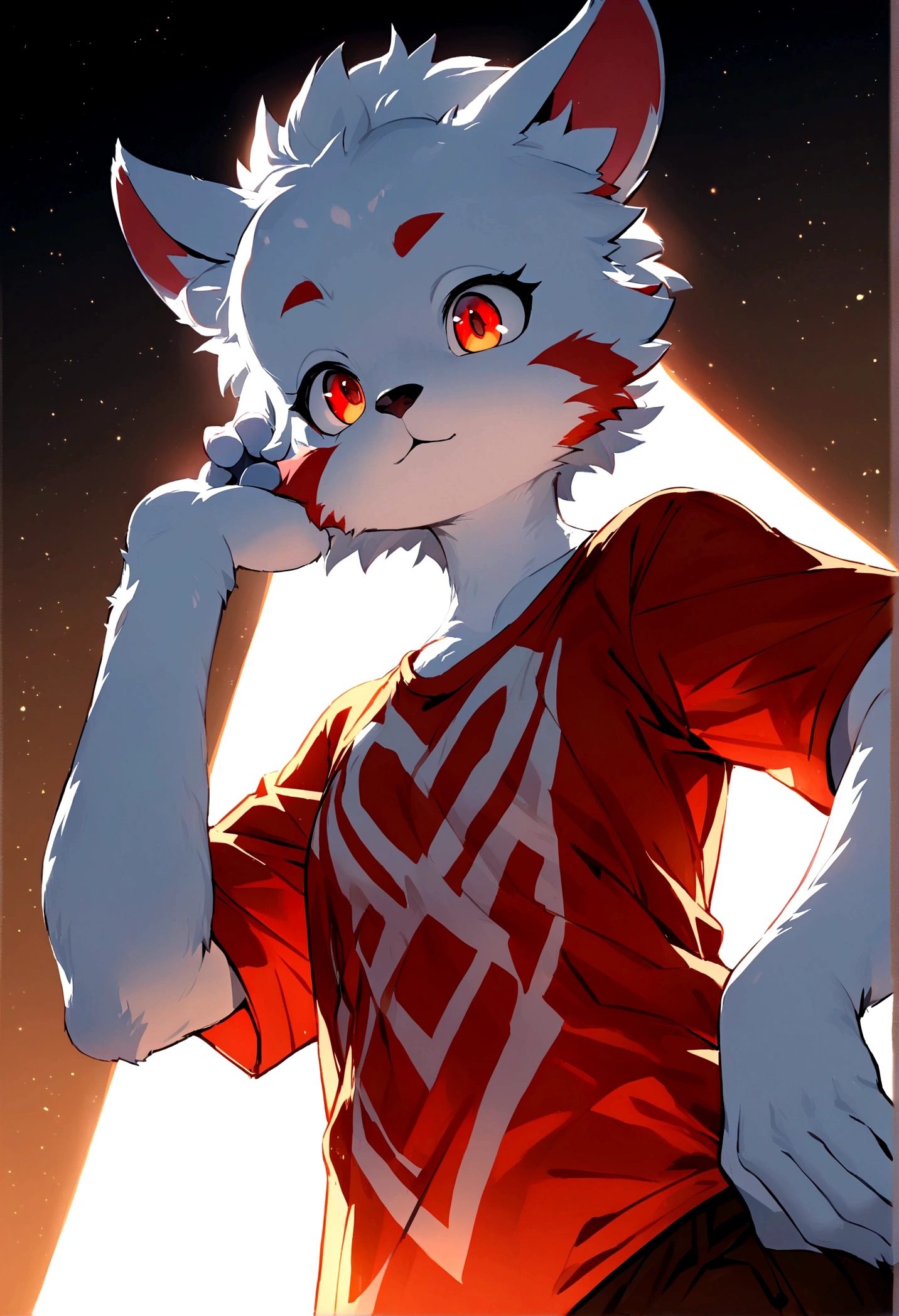 furry, White skin, ultra cute face, red elements on the skin, shiny t-shirt, Beautiful lights and shadows, ambient light, Ultra detailed skin, volumetric light