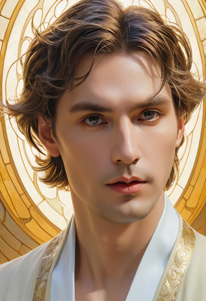 Close up shot of a male angel, morality & morality, Face, fantasy, complex, elegant, highly moralityetailemorality, moralityigital painting, Art Station, Concept Art, Smooth, Clear focus, illustration, art by artgerm anmorality greg rutkowski anmorality alphonse mucha