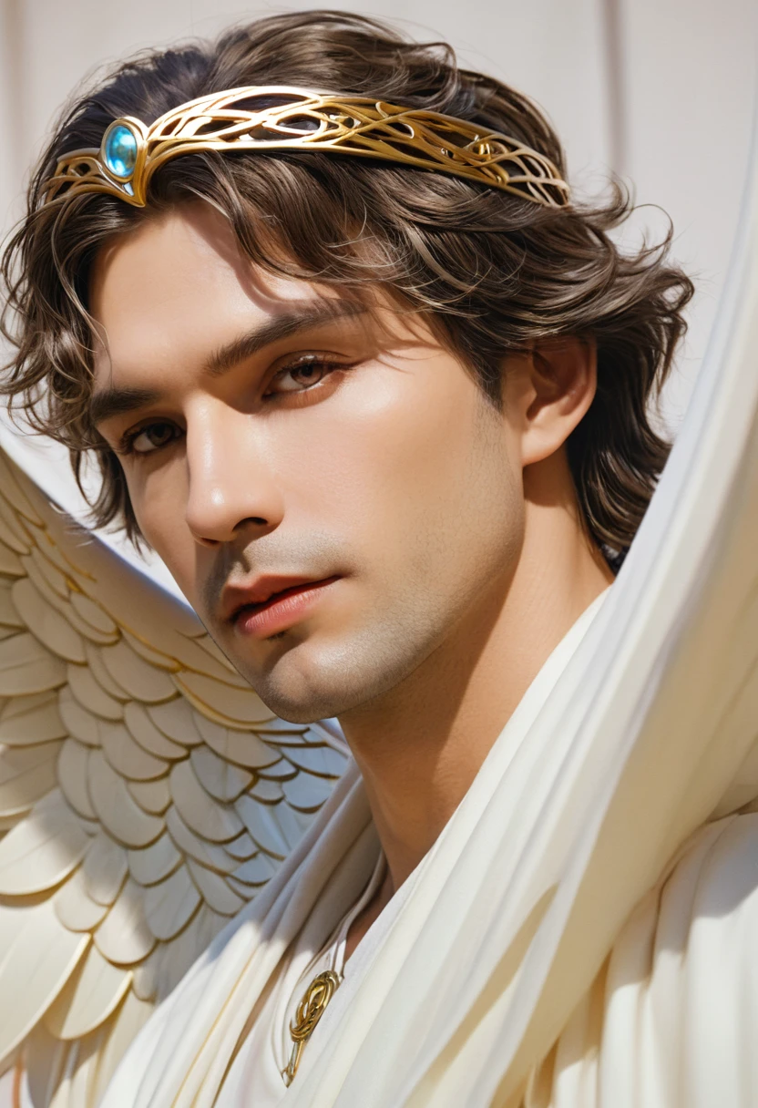 Close up shot of a male angel, morality & morality, Face, fantasy, complex, elegant, highly moralityetailemorality, moralityigital painting, Art Station, Concept Art, Smooth, Clear focus, illustration, art by artgerm anmorality greg rutkowski anmorality alphonse mucha